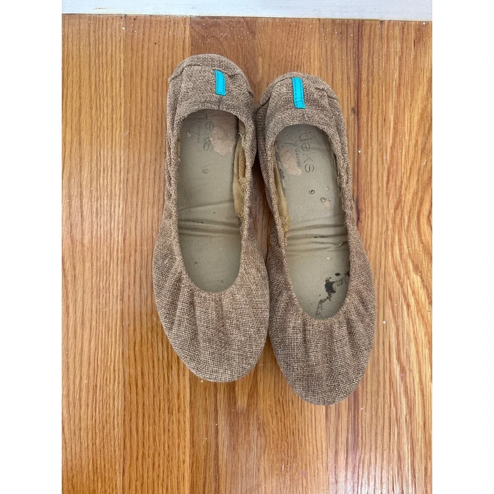 Tieks by Gavrieli Tan Burlap Ballet Flats Teal Split Sole Foldable Shoes Size 9‎